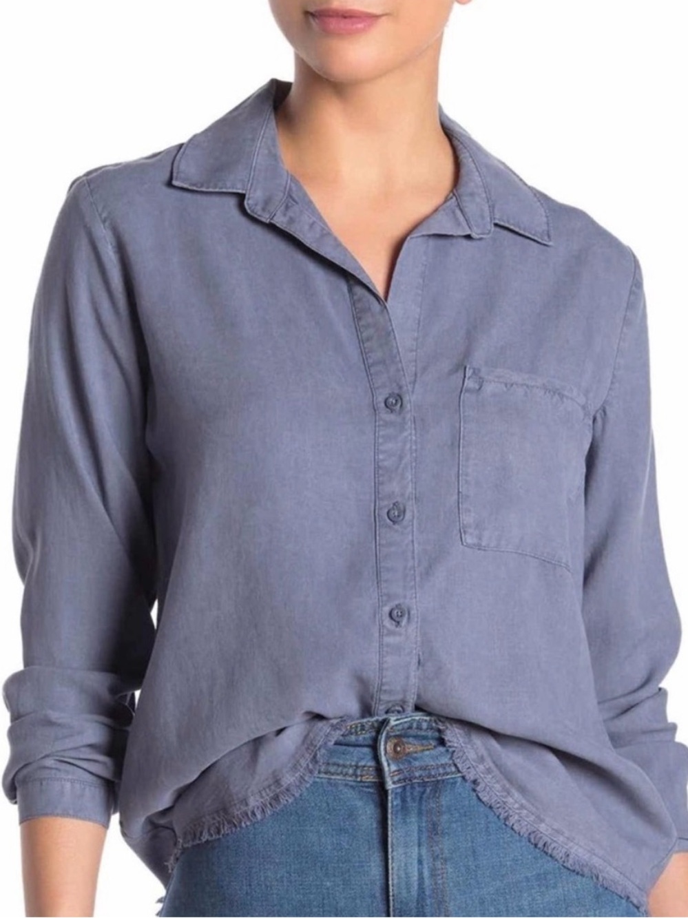 Cloth & Stone 100% Linen Top Womens L Gray Shirt Long Sleeve Button Up Raw Hem